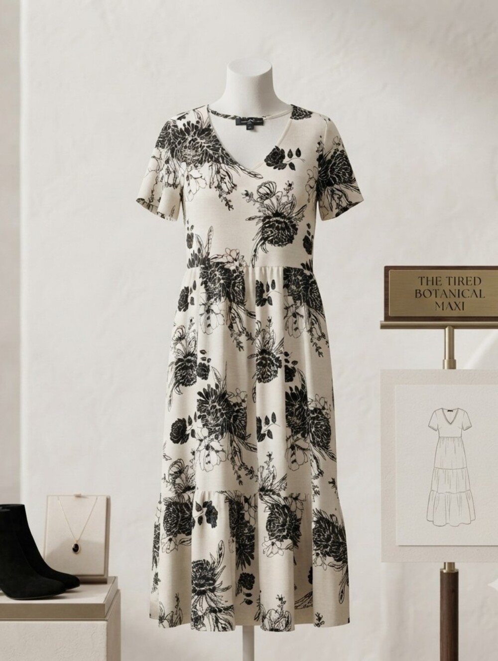 Botanical V-Neck Tiered Maxi Dress - Black & Cream
